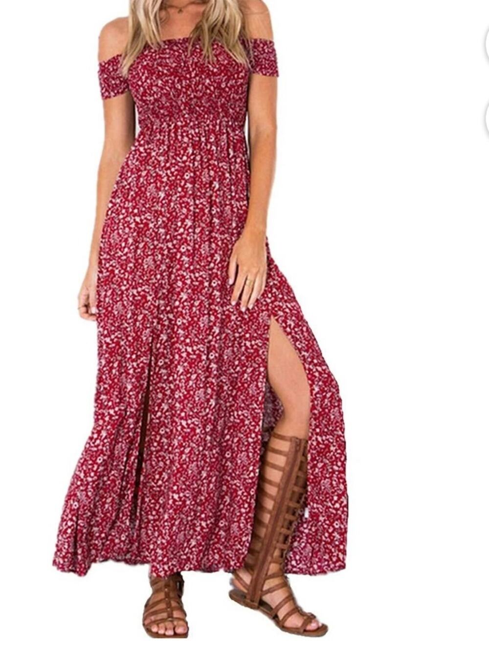 Red Floral Boho Smocked Maxi Dress with 2 Leg Slits, 1XL